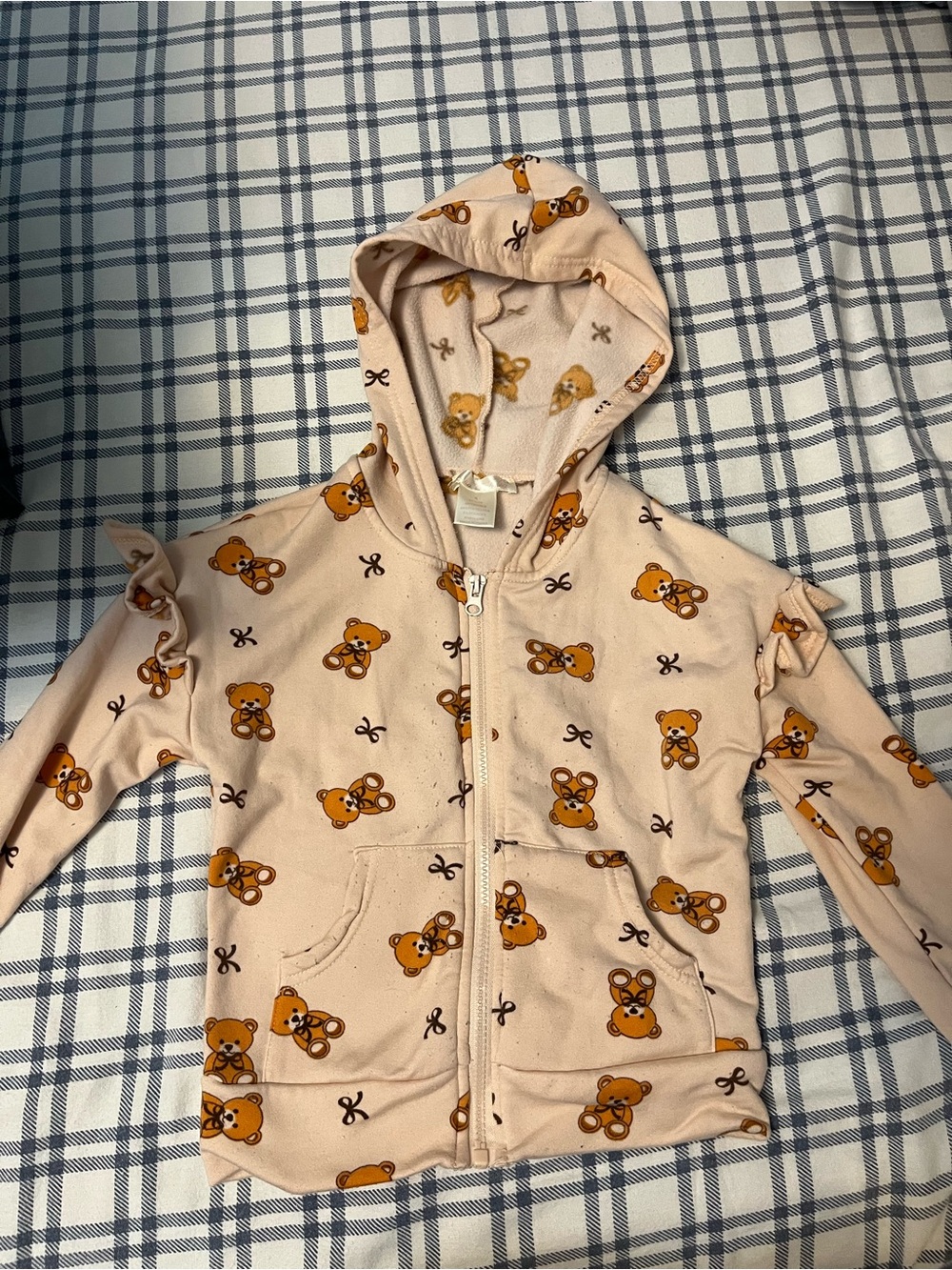 Kids' Pink Bear Print Hooded Zip Jacket